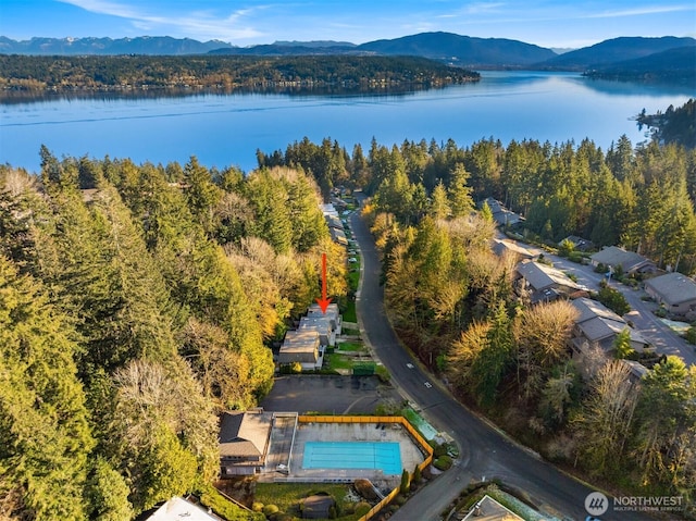 16932 NE 2nd Pl, Bellevue, WA 98008 - aerial view of property and surrounding area featuring a water and mountain view and a heavily wooded area