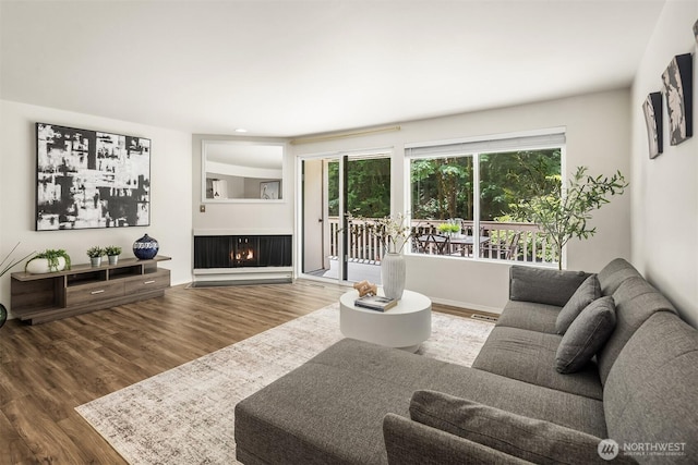 16932 NE 2nd Pl, Bellevue, WA 98008 - living room featuring wood finished floors and a warm lit fireplace