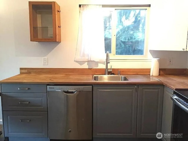 1750 NW 58th St, Seattle, WA 09107 - kitchen with dishwasher, butcher block countertops, glass insert cabinets, gray cabinets, and electric range