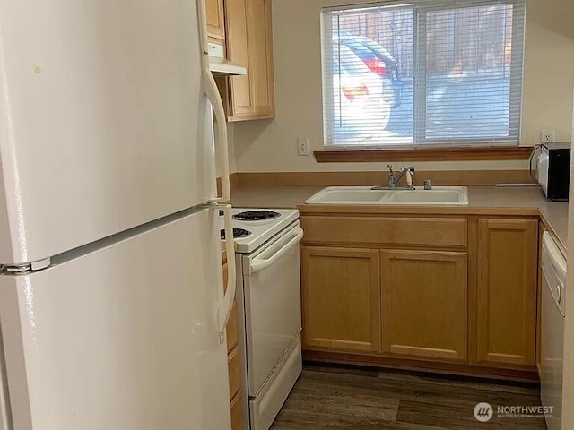 1750 NW 58th St, Seattle, WA 09107 - kitchen featuring white appliances, light countertops, range hood, and dark wood-style floors