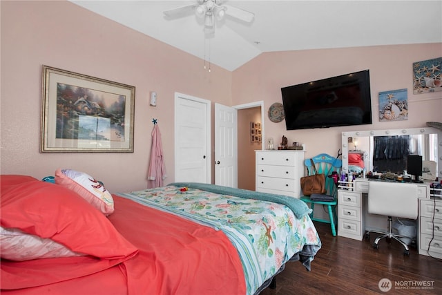 118 Ocean Lake Way NE, Ocean Shores, WA 98569 - bedroom with lofted ceiling, dark wood finished floors, an office area, and a ceiling fan
