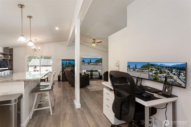 207 6th St, Sultan, WA 98294 - office featuring wood finished floors, a ceiling fan, and a chandelier