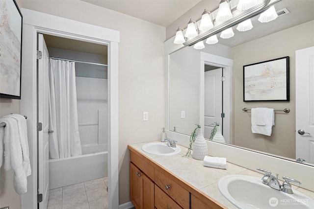 2648 116th Ave NE, Bellevue, WA 98004 - full bathroom with double vanity, shower / bath combo with shower curtain, and tile patterned flooring