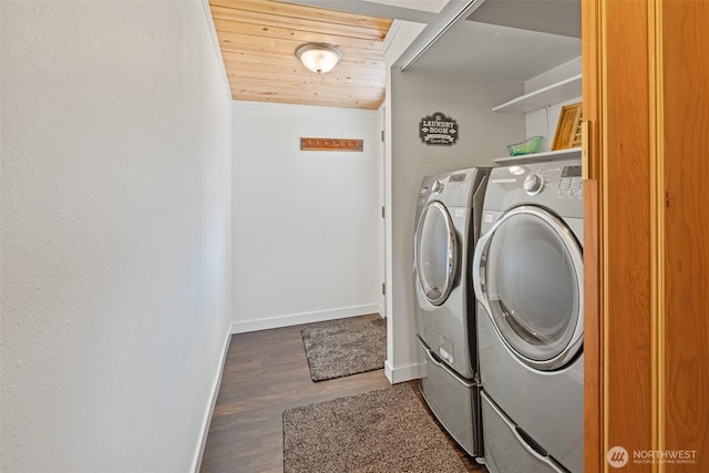 9753 Nibbelink Rd, Peshastin, WA 98847 - laundry room with washing machine and clothes dryer, wood finished floors, and wood ceiling