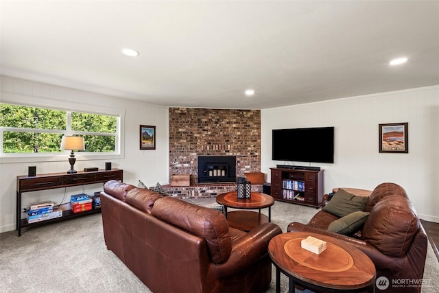 9753 Nibbelink Rd, Peshastin, WA 98847 - living area with a fireplace, carpet, and recessed lighting