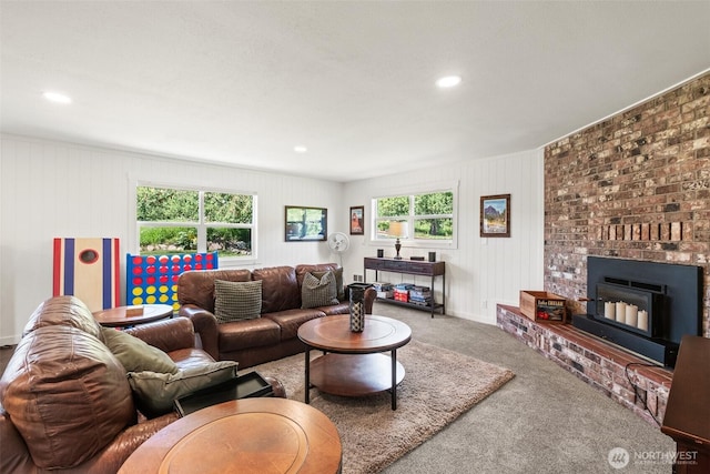 9753 Nibbelink Rd, Peshastin, WA 98847 - carpeted living area with a fireplace and recessed lighting