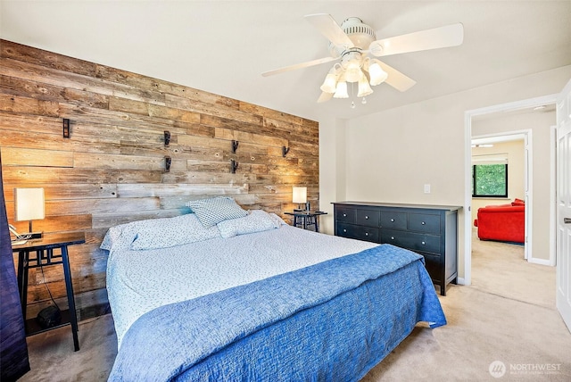 9304 Farwest Dr SW, Tacoma, WA 98498 - bedroom with light carpet, wooden walls, and ceiling fan