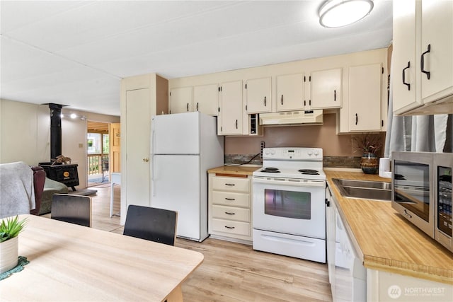 1402 301st Pl, Ocean Park, WA 98640 - kitchen with white appliances, under cabinet range hood, butcher block countertops, and a wood stove