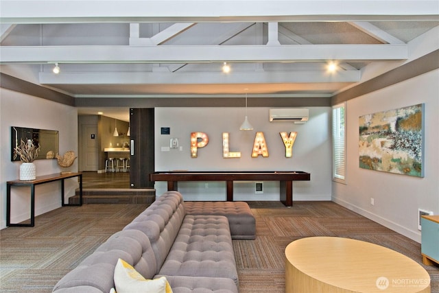 11811 93rd Ln NE Unit 102, Kirkland, WA 98034 - carpeted living area featuring track lighting, an AC wall unit, and beam ceiling