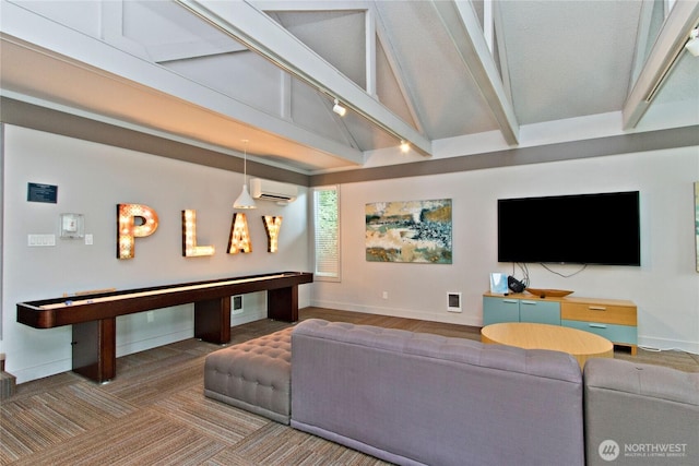11811 93rd Ln NE Unit 102, Kirkland, WA 98034 - recreation room featuring a wall mounted air conditioner and beamed ceiling