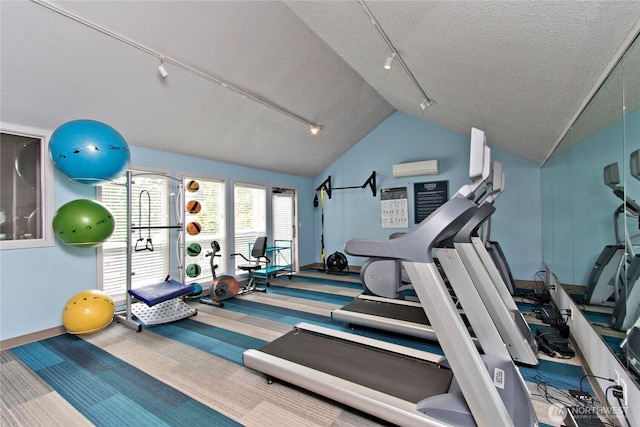 11811 93rd Ln NE Unit 102, Kirkland, WA 98034 - workout area featuring rail lighting, a textured ceiling, carpet floors, an AC wall unit, and lofted ceiling