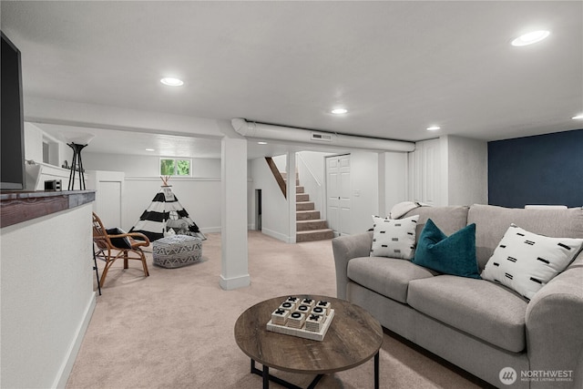 34226 42nd Ave S, Auburn, WA 98001 - living room featuring light colored carpet, recessed lighting, and stairs