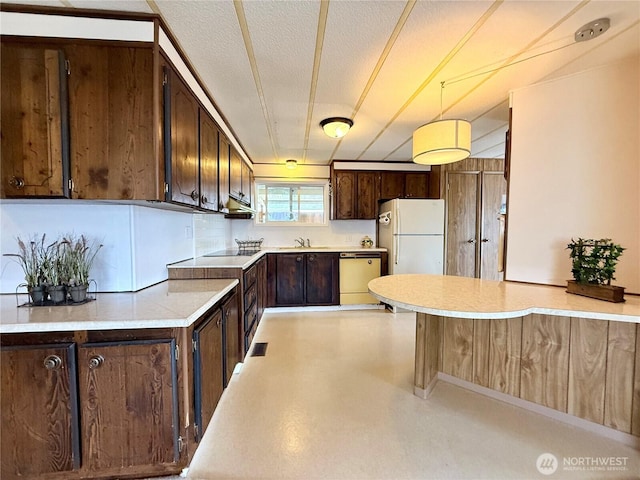 1519 Alonda Ln NE, Olympia, WA 98516 - kitchen with white appliances, dark brown cabinetry, light countertops, under cabinet range hood, and hanging light fixtures