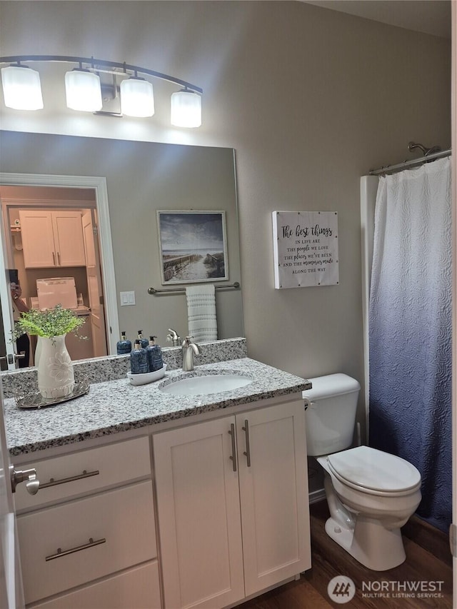 420 Hammond Ln, Rock Island, WA 98850 - bathroom featuring vanity, wood finished floors, and a shower with shower curtain