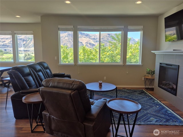 420 Hammond Ln, Rock Island, WA 98850 - living room featuring wood finished floors, recessed lighting, and a tile fireplace