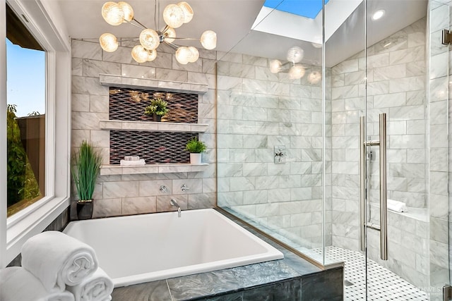 3406 SW Manning St, Seattle, WA 98126 - full bathroom featuring a garden tub, a stall shower, and a chandelier