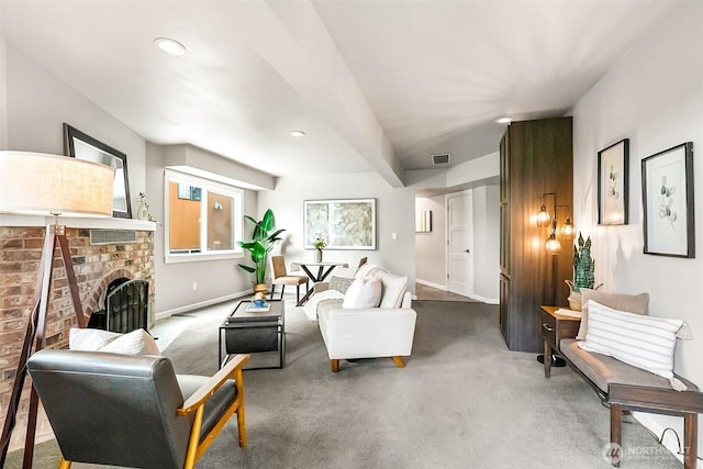 3406 SW Manning St, Seattle, WA 98126 - living room with carpet floors, a brick fireplace, and recessed lighting