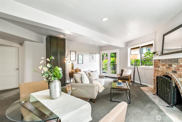 3406 SW Manning St, Seattle, WA 98126 - living area featuring carpet flooring, recessed lighting, and a brick fireplace
