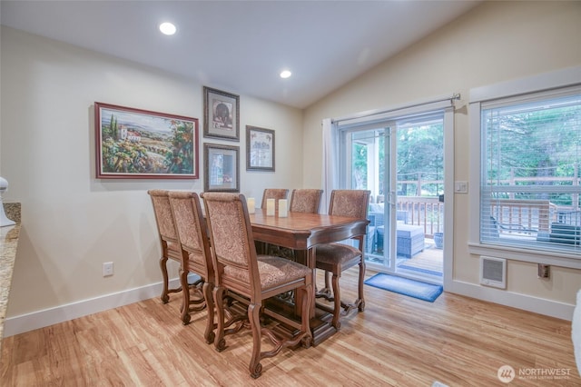 789 Island Cir SE, Ocean Shores, WA 98569 - dining area with vaulted ceiling, light wood-type flooring, and recessed lighting