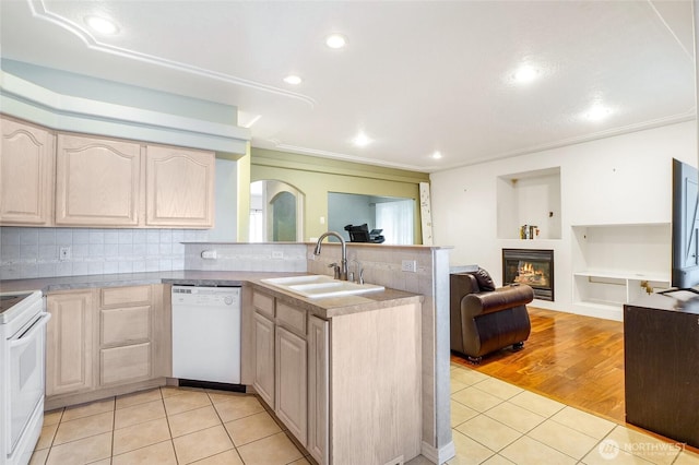 9460 Albert Way SE, Moses Lake, WA 98837 - kitchen featuring white appliances, light brown cabinetry, light tile patterned floors, a peninsula, and ornamental molding