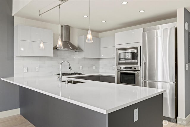 737 Olive Way Unit 1903, Seattle, WA 98101 - kitchen with appliances with stainless steel finishes, wall chimney range hood, a peninsula, backsplash, and light countertops