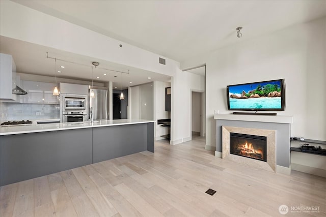 737 Olive Way Unit 1903, Seattle, WA 98101 - kitchen featuring appliances with stainless steel finishes, light countertops, light wood finished floors, a fireplace, and under cabinet range hood