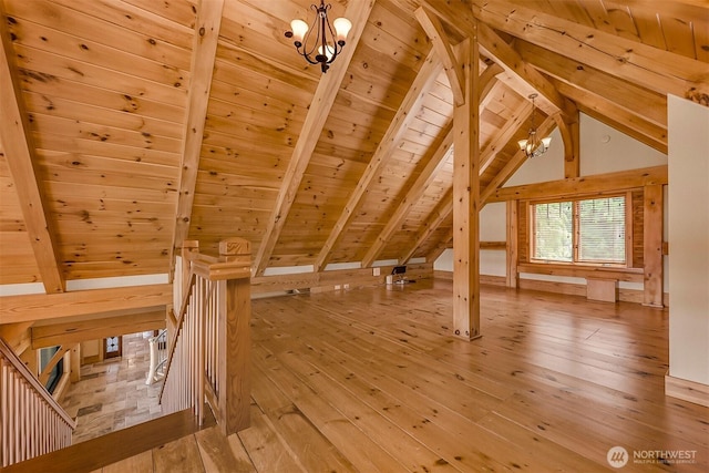 991 Lakeview St, Bellingham, WA 98229 - bonus room featuring a chandelier, wood ceiling, and hardwood / wood-style flooring