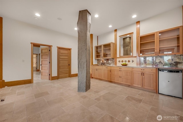 991 Lakeview St, Bellingham, WA 98229 - kitchen with stainless steel dishwasher, tasteful backsplash, stone tile floors, glass insert cabinets, and recessed lighting
