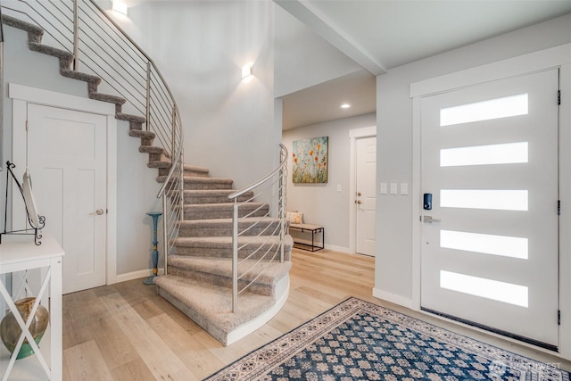 5341 S Bercot Rd, Freeland, WA 98249 - foyer entrance with stairs, light wood-style flooring, and recessed lighting