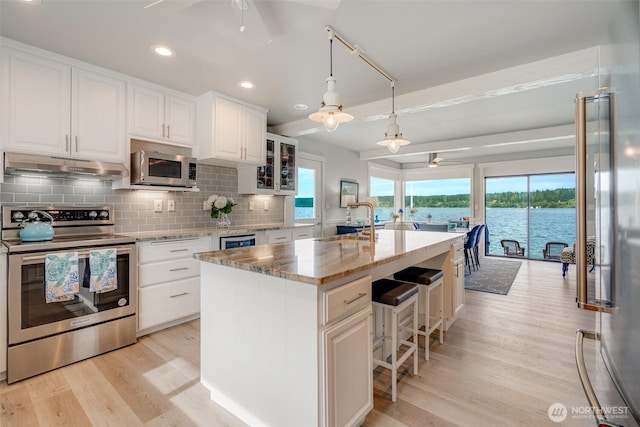 5341 S Bercot Rd, Freeland, WA 98249 - kitchen featuring appliances with stainless steel finishes, a ceiling fan, under cabinet range hood, light wood-style floors, and recessed lighting