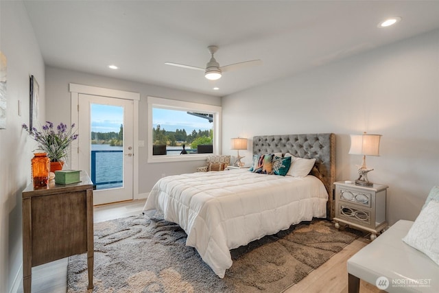 5341 S Bercot Rd, Freeland, WA 98249 - bedroom featuring access to outside, wood finished floors, recessed lighting, and a ceiling fan