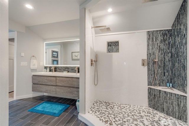5341 S Bercot Rd, Freeland, WA 98249 - bathroom with walk in shower, double vanity, wood tiled floors, and recessed lighting
