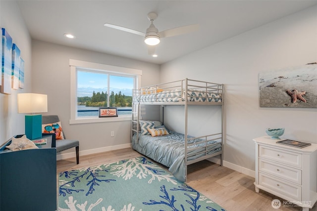 5341 S Bercot Rd, Freeland, WA 98249 - bedroom featuring light wood-type flooring, recessed lighting, and ceiling fan