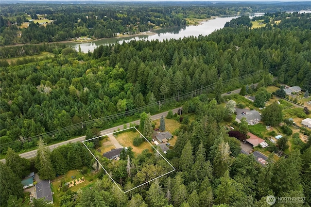 5140 Johnson Point Rd NE, Olympia, WA 98516 - aerial view of property and surrounding area featuring property parcel outlined and a nearby body of water