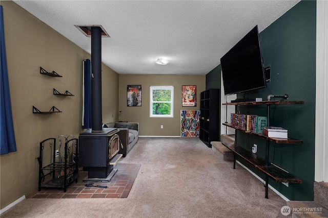 5140 Johnson Point Rd NE, Olympia, WA 98516 - living area featuring a wood stove, carpet flooring, and a textured ceiling