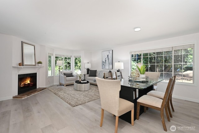 10263 NE 129th Ln, Kirkland, WA 98034 - dining space with plenty of natural light, light wood-type flooring, and a lit fireplace