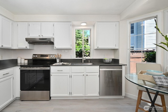 10263 NE 129th Ln, Kirkland, WA 98034 - kitchen featuring stainless steel appliances, under cabinet range hood, dark countertops, light wood finished floors, and white cabinets
