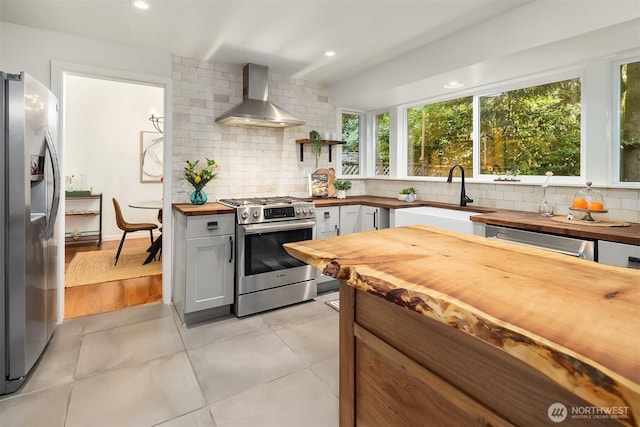 6687 NE Bayview Blvd, Bainbridge Island, WA 98110 - kitchen with wood counters, wall chimney exhaust hood, appliances with stainless steel finishes, tasteful backsplash, and recessed lighting