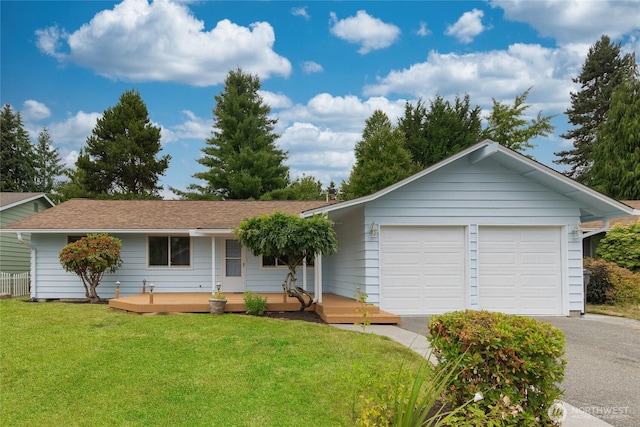 8808 NE 139th St, Kirkland, WA 98034 - ranch-style house featuring asphalt driveway, a front yard, an attached garage, and a wooden deck