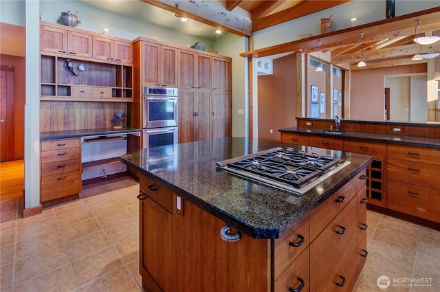9913 Point View St NE, Olympia, WA 98516 - kitchen with stainless steel appliances, beam ceiling, open shelves, a warming drawer, and a kitchen island