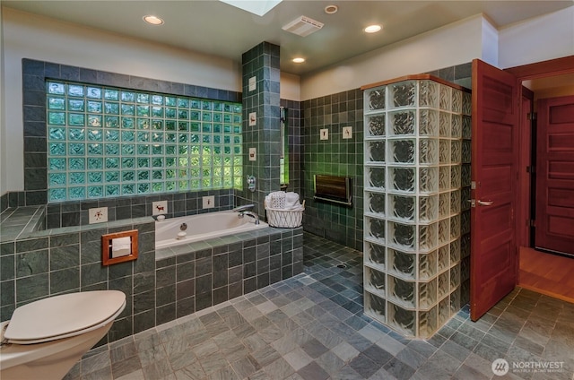 9913 Point View St NE, Olympia, WA 98516 - bathroom with walk in shower, a bath, and recessed lighting
