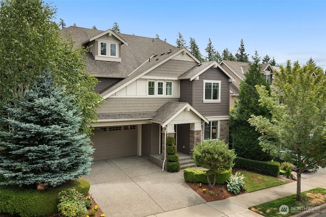 3414 SE 223rd Ave, Sammamish, WA 98075 - craftsman house featuring concrete driveway, a garage, a shingled roof, and stone siding