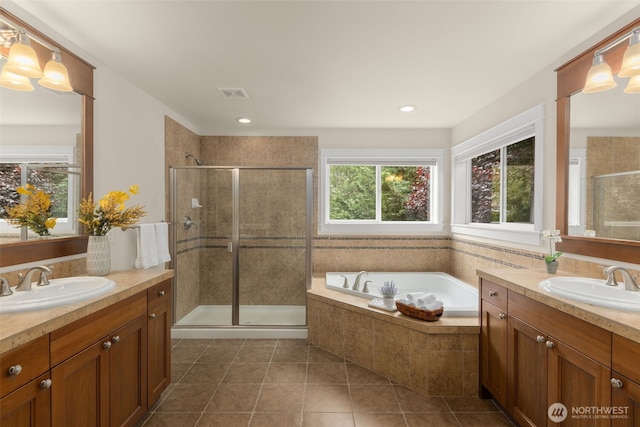 3414 SE 223rd Ave, Sammamish, WA 98075 - full bath with two vanities, a stall shower, a bath, and tile patterned floors