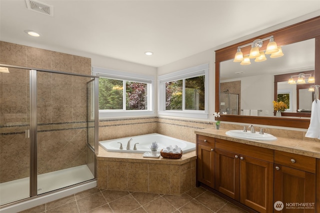3414 SE 223rd Ave, Sammamish, WA 98075 - full bath with vanity, tile patterned flooring, a bath, a stall shower, and recessed lighting
