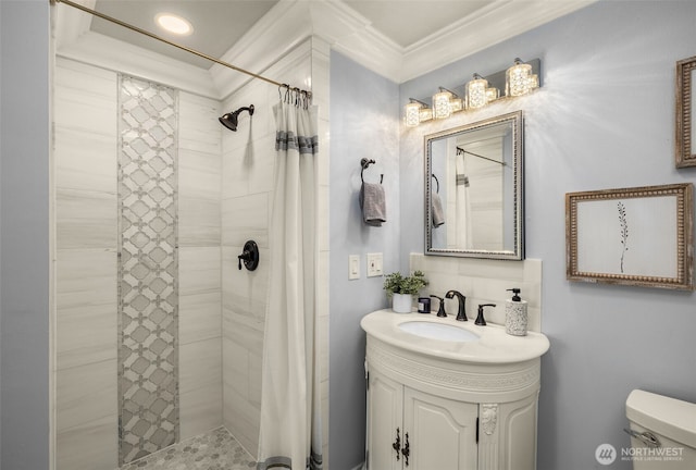 3912 NE 127th St, Seattle, WA 98125 - bathroom with tiled shower, vanity, and crown molding