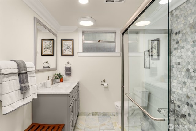 3912 NE 127th St, Seattle, WA 98125 - full bathroom featuring vanity, a shower stall, and crown molding