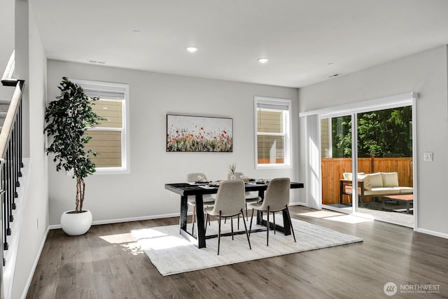 3941 233rd St SE, Bothell, WA 98021 - dining area with stairway, wood finished floors, and recessed lighting