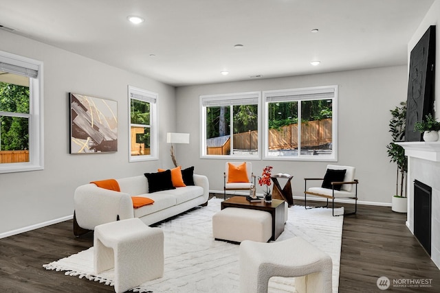 3941 233rd St SE, Bothell, WA 98021 - living area featuring wood finished floors, a fireplace, and recessed lighting