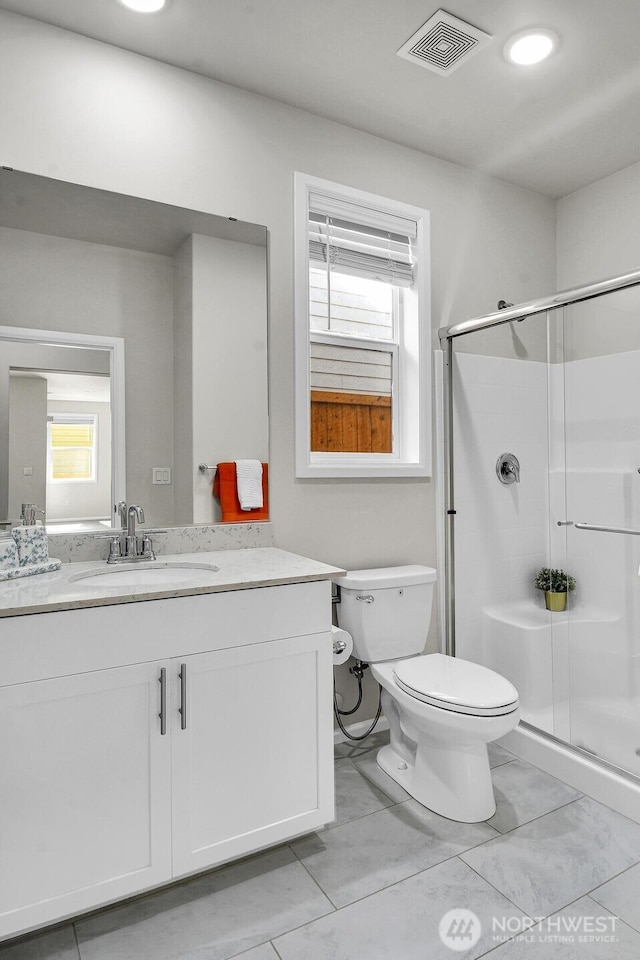 3941 233rd St SE, Bothell, WA 98021 - full bathroom featuring vanity, a stall shower, and recessed lighting