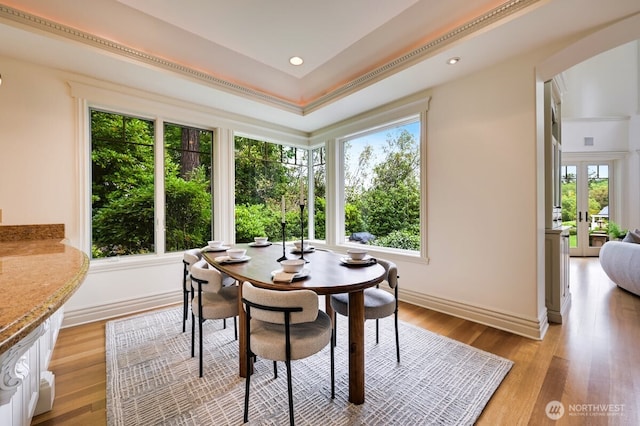 3210 Hunts Point Rd, Hunts Point, WA 98004 - dining room with light wood-style flooring, french doors, and recessed lighting